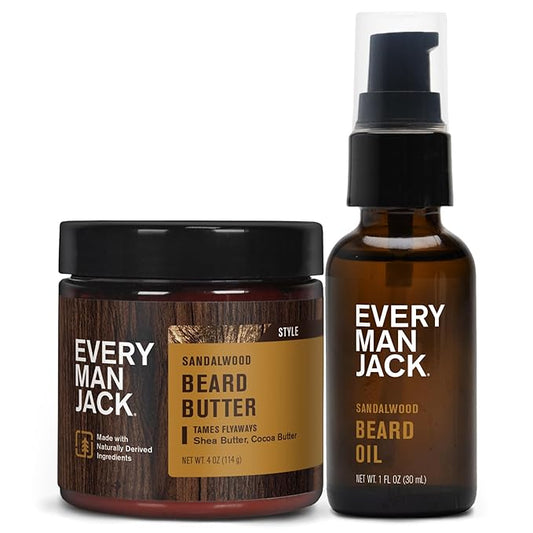 Every Man Jack Beard Oil & Beard Butter Bundle - Sandalwood Fragrance - Rejuvenates, Hydrates & Styles Dry Beards - Naturally Derived with Cocoa Butter and Shea Butter