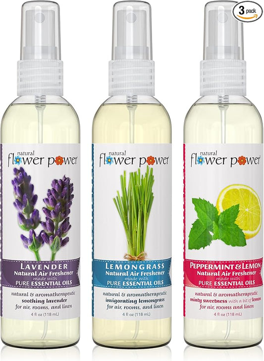 Air Freshener Spray - Odor Eliminator w/Essential Oils - Home, Car & Fabric - Cruelty Free & Vegan - Variety Pack - Lavender + Lemongrass + Peppermint & Lemon - 3 x 4 fl oz
