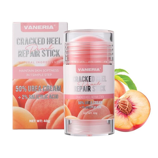 VANERIA Cracked Heel Repair Stick,Heel Balm for Dry Cracked Feet Treatment with Shea Butter & Coconut Oil,Deeply Moisturize & Soften Feet,Exfoliates Dead Skin 40g(Peach Scent)