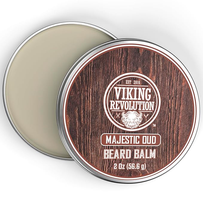Viking Revolution Majestic Oud Beard Balm - Argan & Jojoba Beard Butter, Softener & Moisturizer with Beeswax - Wax for Men (2oz, 1 Pack)