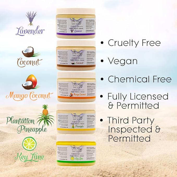 The Keys Salt Scrub -Sea Salt Scrub - Exfoliating Body Scrub with Wooden Spoon - Moisturizing Exfoliator for Hands, Foot, Bath, (3.4 Ounce (Pack of 1), Mango Coconut)