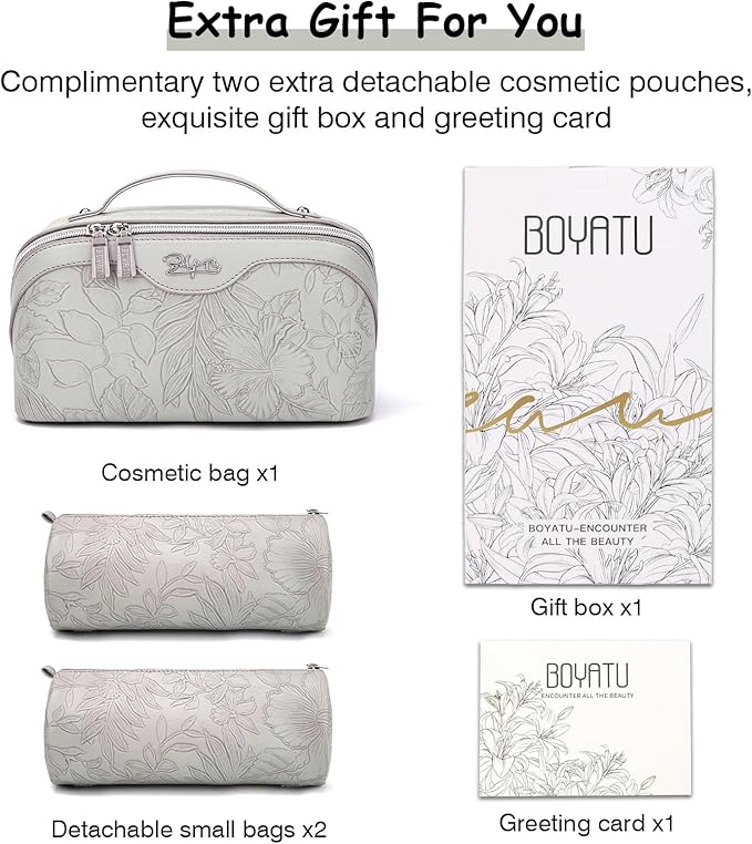 BOYATU Travel Makeup Bags Cosmetic Organizer Bag: 3-Set Large Capacity Make up Bag - PU Leather Toiletry Bags for Women - Wide Open Portable Pouch with Divider & Handle (03-Light Gray)