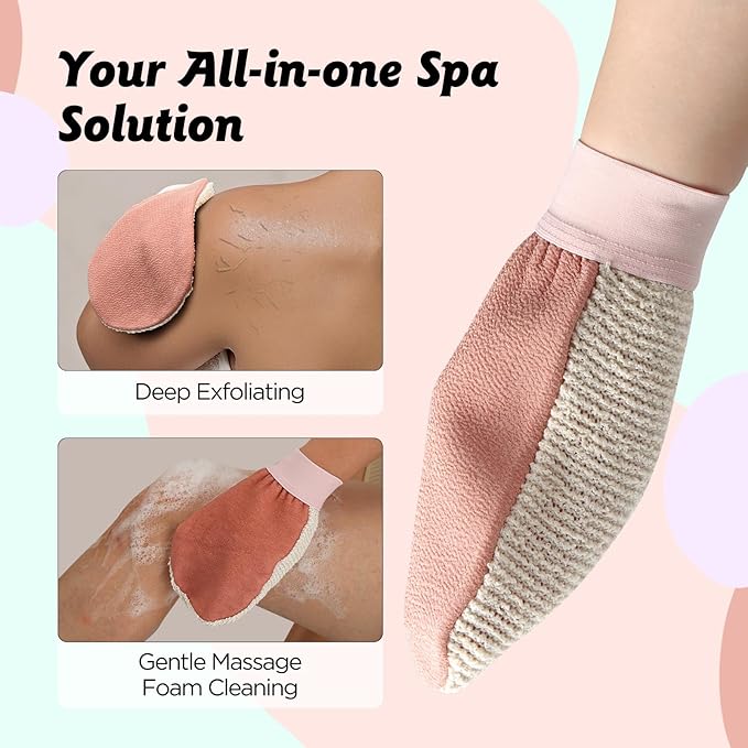 LOTTA Dual-Sided Exfoliating Gloves - Natural Viscose & Sisal for Deep Body Scrub & Massage - Gentle for Sensitive Skin - Replaces Loofah (Pink-Rough)