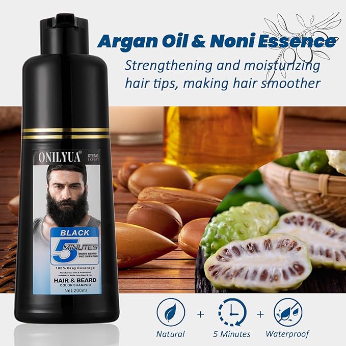 Men's Beard Dye for Men in 5 Minutes, Black Beard Dye Shampoo for Mustache 100% Gray Coverage, Root Touch Up, 3 in 1 Simpler Hair Color for Men, Long Lasting Black Dye Shampoo for Facial Hair, 200 ml