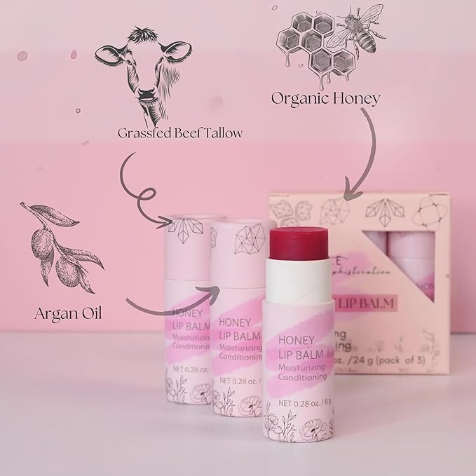 Organic Honey Lip Balm - 100% Grassfed Beef Tallow Chapstick for Women, Natural Raw Honey & Argan Oil - Ultra Moisturizing, Conditioning, Chemical Free - 3 Pack (3x0.28 oz) Tinted