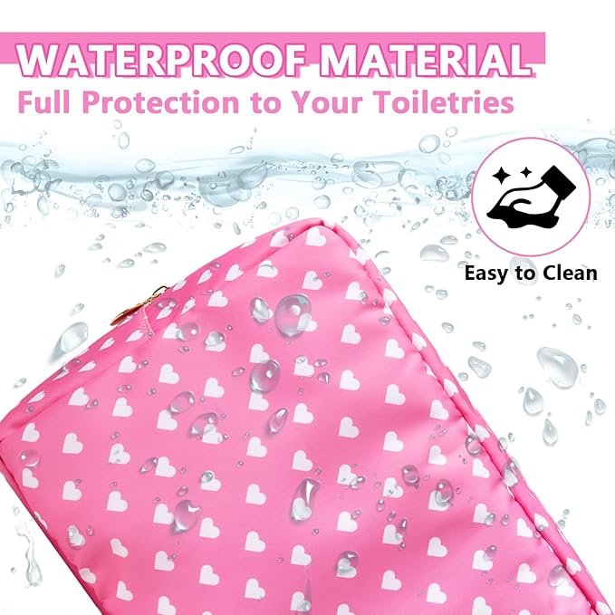 Large Makeup Bag Pouch, Nylon Women Travel Toiletry Storage Bag Preppy Cosmetic Bag for Girls, Big Makeup Organizer Bag Cute Zipper Pouch Skincare Bag for Sport School Work Gift(Large-Pink Heart)