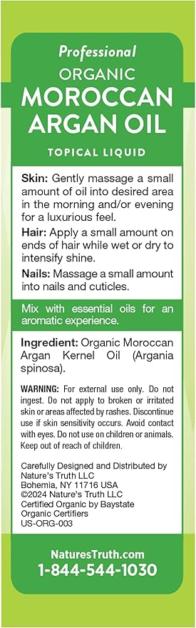 Nature's Truth Moroccan Argan Oil | 2 fl oz | USDA Organic | for Hair, Skin, and Nails | Paraben & Gluten Free