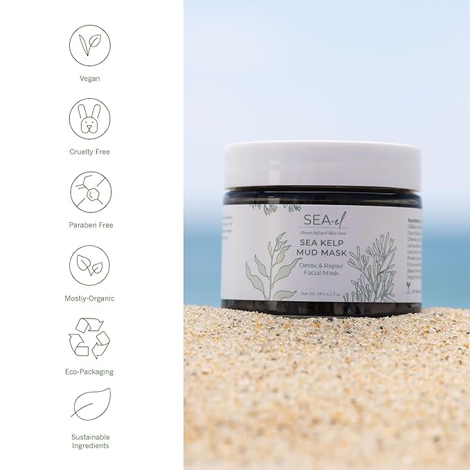 Sea-el Sea Kelp Mud Face Mask Skincare Activated Charcoal & Bentonite Clay Detox & Repair Facial Mask Calming Hydration Boost - Turmeric & Aloe Daily Glow Essentials for Women & Men - 2oz