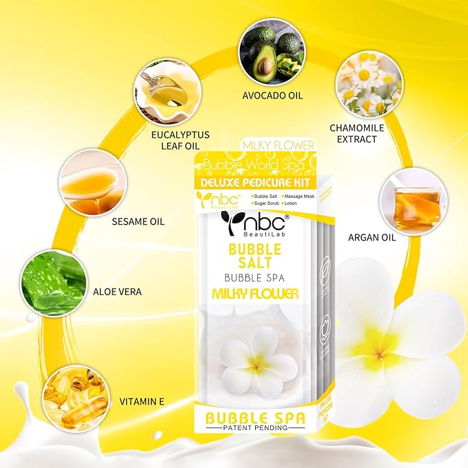Pedicure Kit Foot Soak Set: Bubble Salt, Sugar Scrub, Massage Mask, Massage Lotion in a Box, 4 Step Foot Spa Kit for Dry Feet, Calluses and Tired Feet(3 Set Milky Flower)