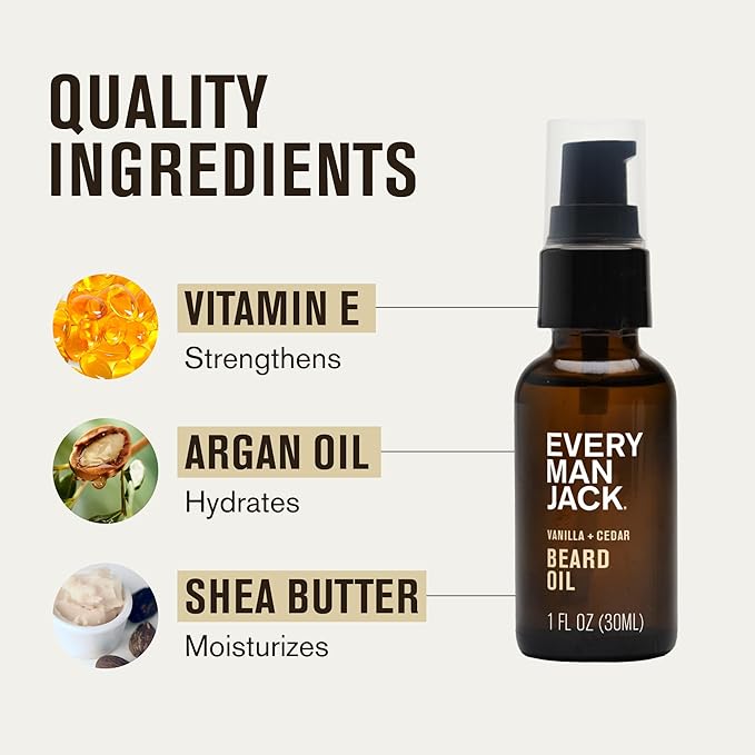 Every Man Jack Mens Beard Oil - Vanilla + Cedar Fragrance - Deeply Moisturizes and Softens Your Beard and Adds a Natural Shine - Naturally Derived with Shea Butter and Argan Oil - 1 fl oz