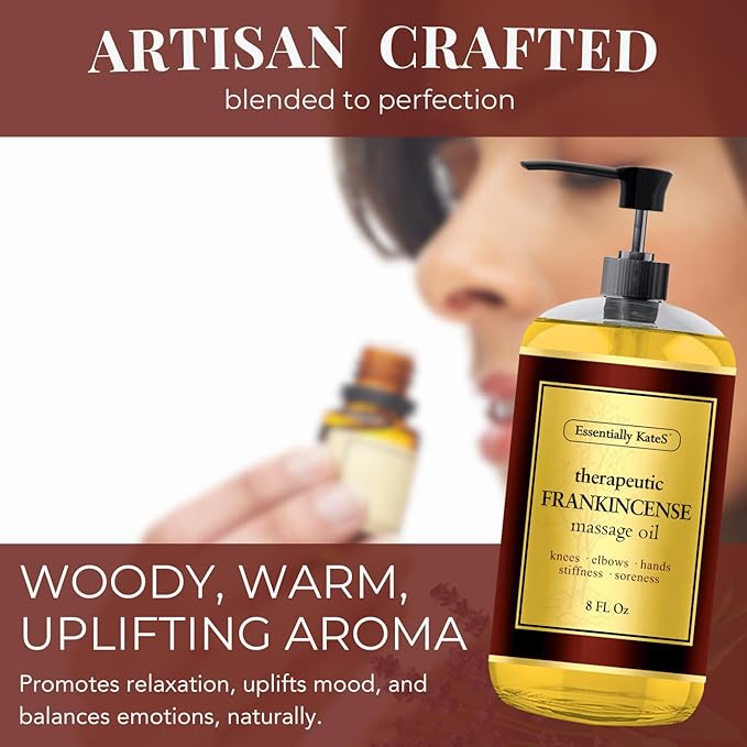 Essentially KateS Frankincense Massage Oil 8 Fl Oz - Knees, Elbows, HIPS, Hands, Shoulders and Legs - 100% Pure Frankincense Oil Relaxes Soreness and Stiffness