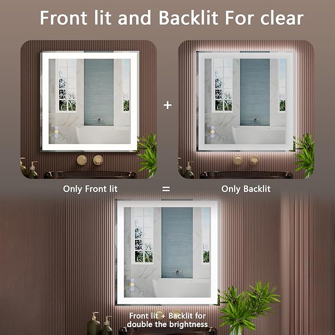 36"x 36" LED Bathroom Mirror, 3 Colors Vanity Mirror with Lights, Front and Backlit Bathroom Mirror with Lights, LED Smart Mirror for Wall, Tempered Glass, Anti-Fog, Stepless Dimmable, Memory(UL ETL)