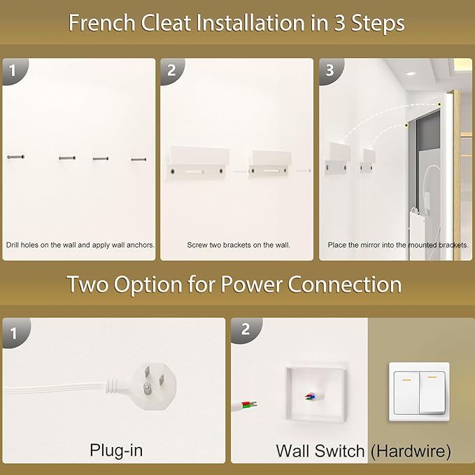 OKPAL 44x30 Gold Lighted Bathroom Mirror with Lights, Frontlit & Backlit LED Bathroom Mirror, Lighted Vanity Mirror, Anti-Fog, Dimmable 3 Colors, Shatterproof, Horizontal/Vertical