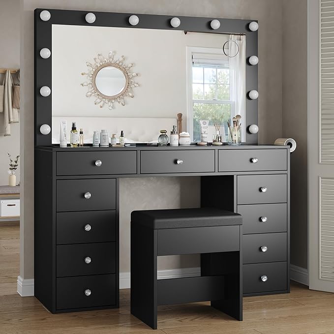 Vanity Desk & Power Outl, Makeup Table with Mirror and 12 LED Lights, Makeup Table with 11 Drawers, 3 Lighting Modes Brightness Adjustable(Black)