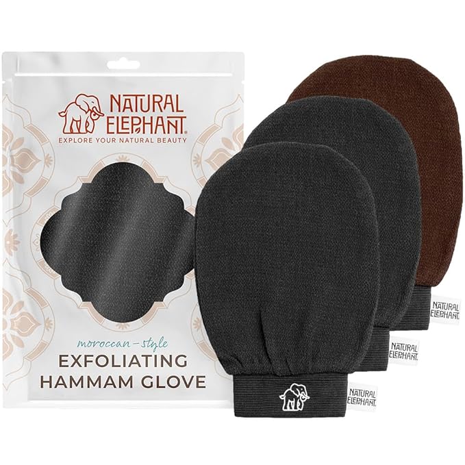 Natural Elephant Exfoliating Hammam Glove (2 Black and 1 Brown (Pack of 3))