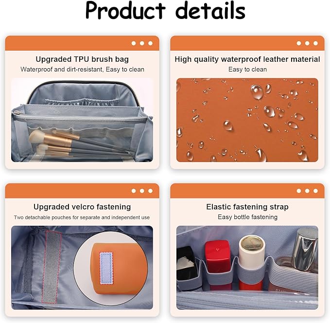 BOYATU Travel Makeup Bags Cosmetic Organizer Bag: 3-Set Large Capacity Make up Bag - PU Leather Toiletry Bags for Women - Wide Open Portable Pouch with Divider & Handle (09-Orange brown)