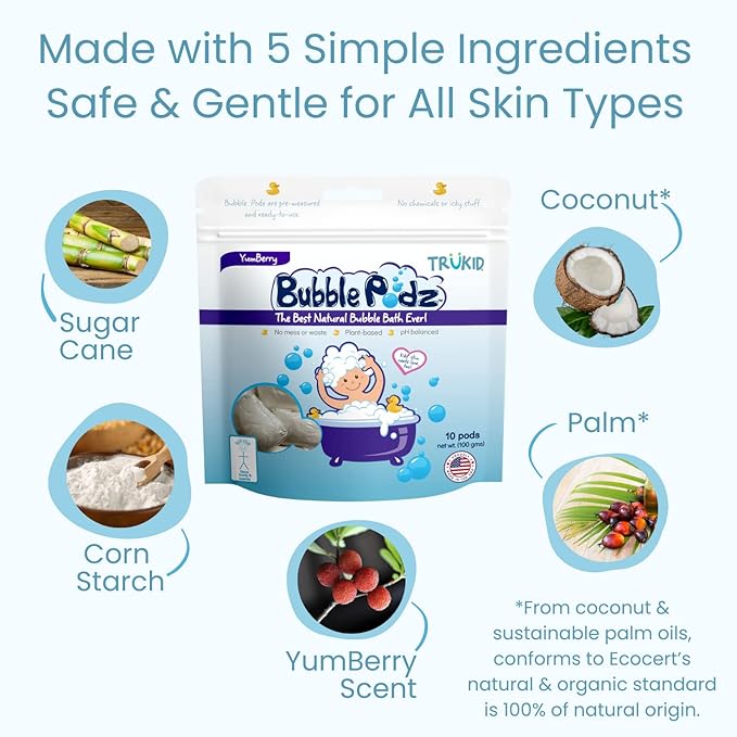 TruKid Bubble Podz Bubble Bath for Kids, Toddlers, & Babies, Tear Free Gentle & Refreshing Bath Bomb for Sensitive Skin with Natural Moisturizers, Non-Toxic, pH Balanced, Yumberry Scent (24 Podz)