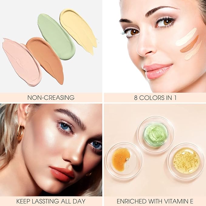 Face Color Corrector Palette, 8 Colors Correcting Contour Cream Makeup Palette, Green Peach Red Yellow Concealer Facial Camouflage Contouring Pallet for Redness Dark Circles (01)