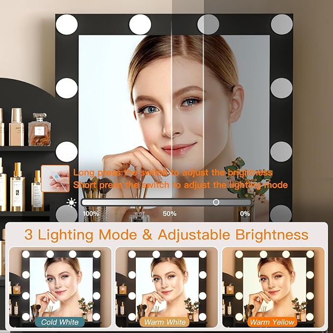 Quimoo Makeup Vanity with 10 Light Bulbs and Charging Station, Vanity Desk with Lighted Mirror & 4 Drawers, Vanity Table Set with Cushioned Stool, Black