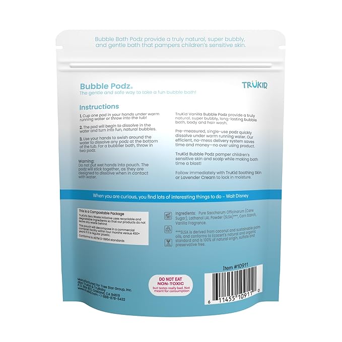 TruKid Bubble Podz Bubble Bath for Kids, Toddlers, & Babies, Tear Free Gentle & Refreshing Bath Bomb for Sensitive Skin with Natural Moisturizers, Non-Toxic, pH Balanced, Vanilla Scent (60 Podz)