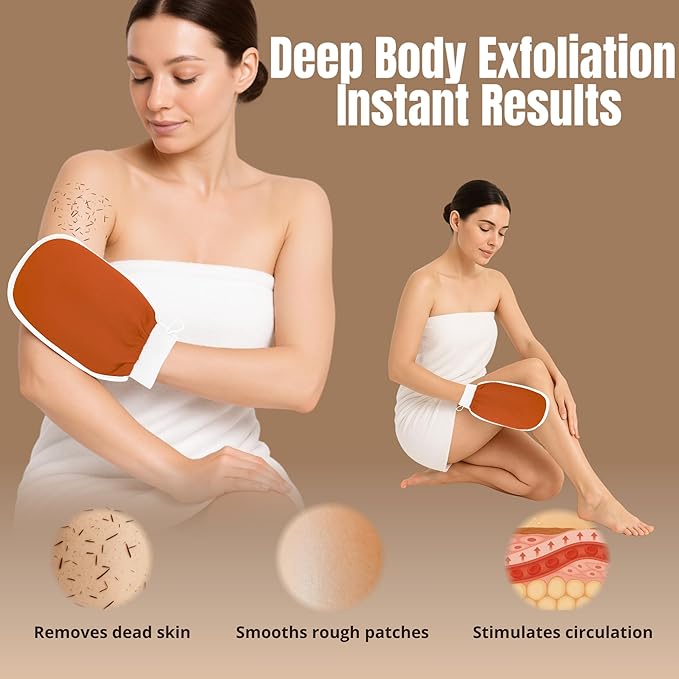 Exfoliating Glove Set (Original) – 3 Pieces Moroccan Hammam Scrub Mitts for Face, Body & Back – Deep Skin Cleansing & Dead Skin Removal – Reusable Spa Exfoliator – Assorted Colors (ORANGE)