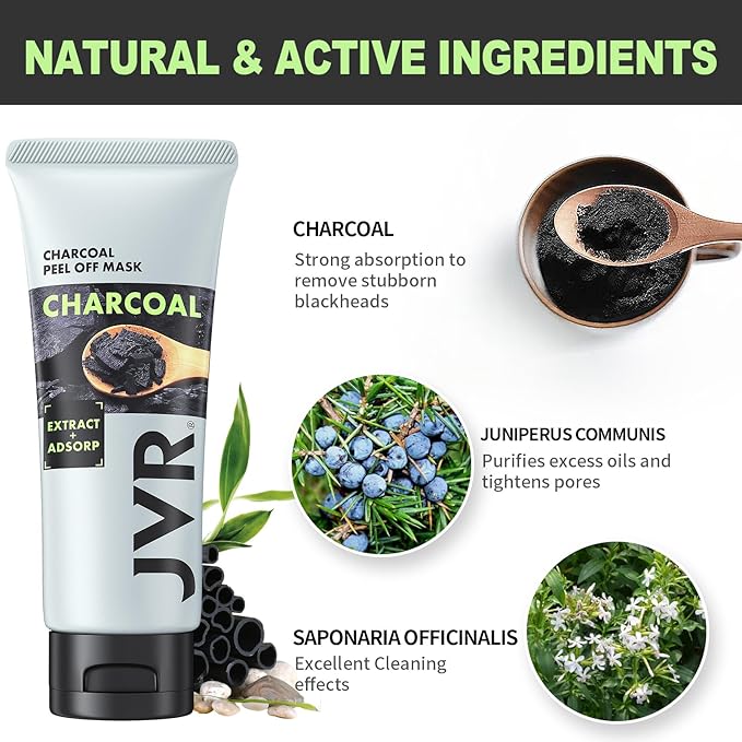 JVR Peel Off Face Mask, Blackhead Remover Mask for Men, Charcoal Peel Off Black Mask, Facial Mask Purifying and Deep Cleansing for All Skin Types 2.12 OZ