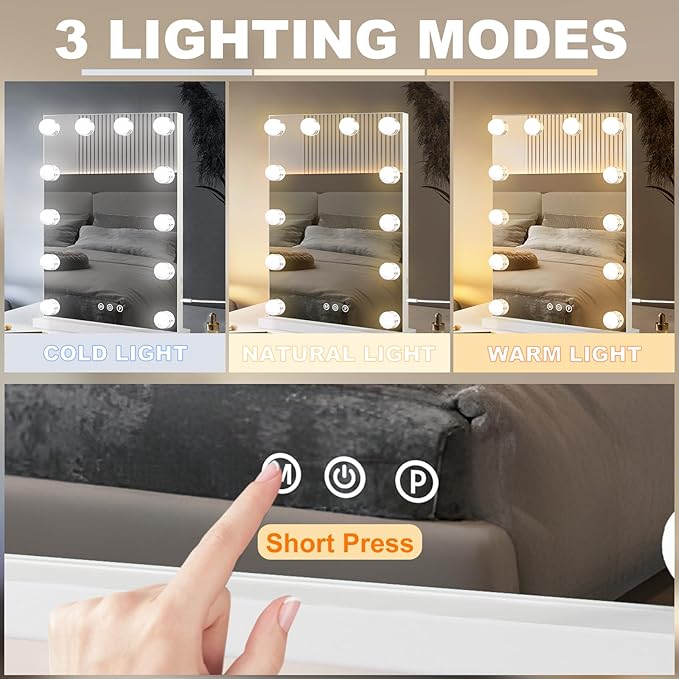 Hollywood Vanity Mirror with Lights, 12 Dimmable Bulbs, 3 Color Lights,Make Up Lighted Mirror, Aluminum Metal Frame, USB Charging Port（14" x 18"）
