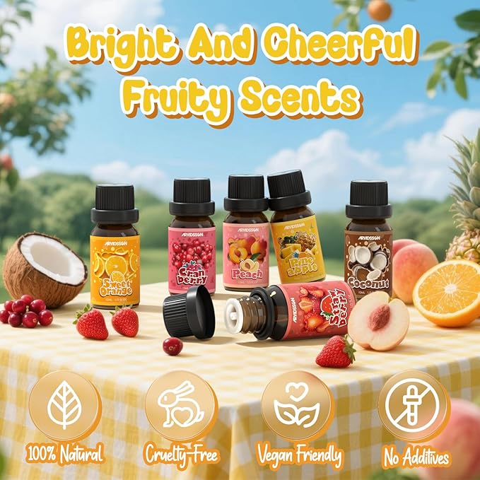 ARVIDSSON Fruits Essential Oils Set, Natural Fruity Fragrance Oil for Candle & Soap Making - Sweet Orange, Pineapple, Coconut, Cranberry, Peach, Strawberry, Aromatherapy Diffuser Oils Gift Set