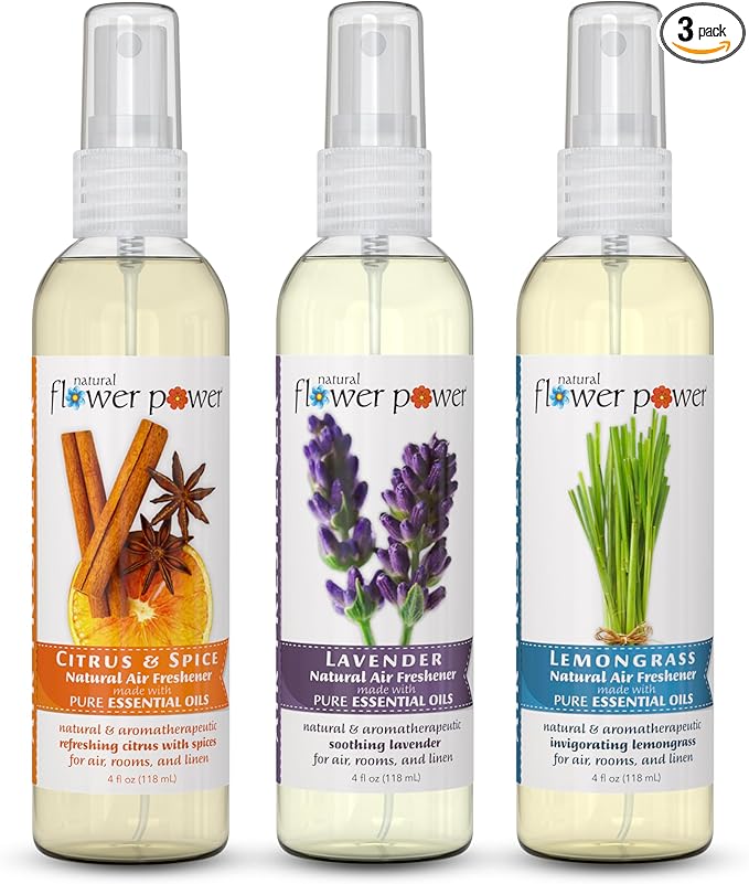 Air Freshener Spray - Odor Eliminator with Essential Oils for Home, Car & Fabric - Cruelty Free & Vegan - Variety Pack - Citrus & Spice + Lavender + Lemongrass - 3 x 4 fl oz