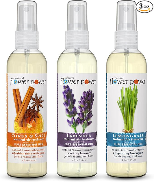 Air Freshener Spray - Odor Eliminator with Essential Oils for Home, Car & Fabric - Cruelty Free & Vegan - Variety Pack - Citrus & Spice + Lavender + Lemongrass - 3 x 4 fl oz