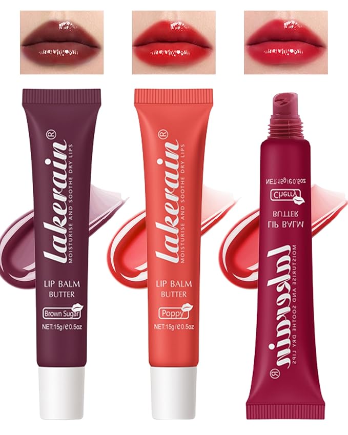 Tinted Lip Butter Balm-3 Colors Vanilla Beige Brown Poppy Pink Sugar Glossier Lip Gloss, Jelly Yummy Lip Stain Balm,Long Lasting Hydrating Non-Sticky Glow Reviver Fat Lip Care Oil for Women-Set B