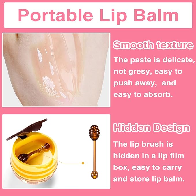 Lip Balm Honey Pot, Honey & Strawberry Lip Mask Propolis Moisturizing Lip Balm with Stick, Hydrating & Prevent Dry and Cracked Lip(2 Pcs)