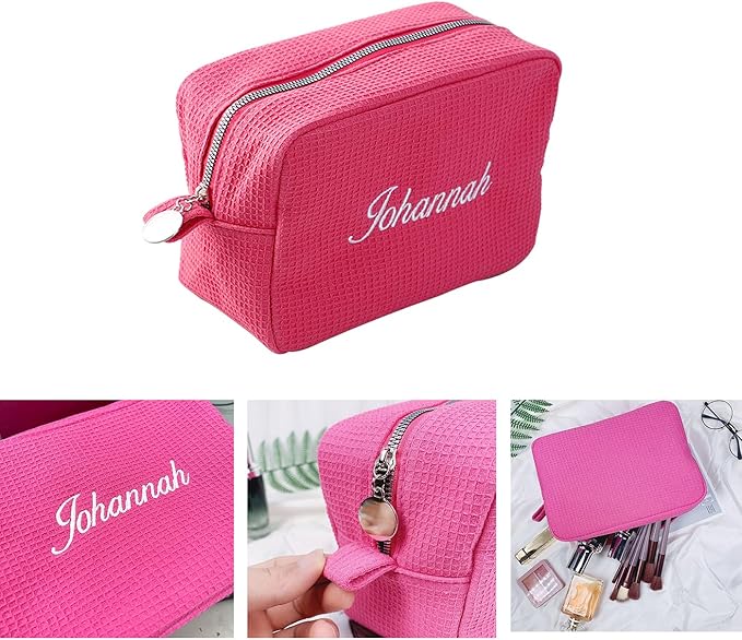 GOPHIE Personalized Embroidered Makeup Bag,Custom Waffle Fabric Cosmetic Pouch for Women, Travel Makeup Pouch (6, Hot Pink)