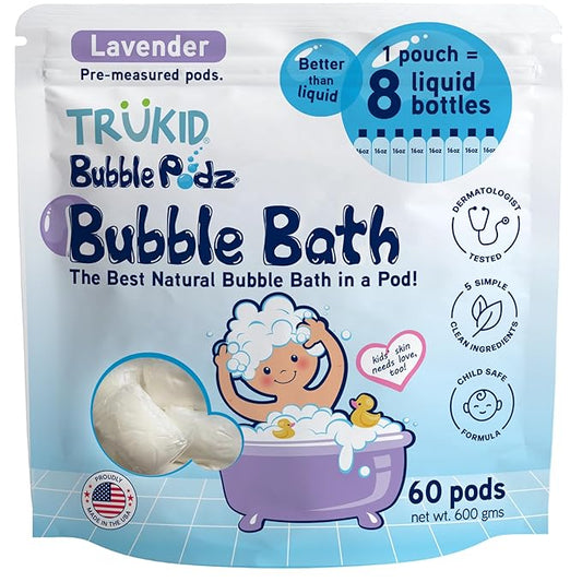 TruKid Bubble Podz Bubble Bath for Kids, Toddlers, & Babies, Tear Free Gentle & Refreshing Bath Bomb for Sensitive Skin with Natural Moisturizers, Non-Toxic, pH Balanced, Lavender Scent (60 Podz)