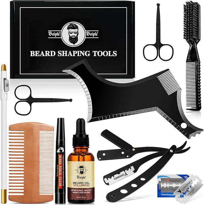 Beard Shaper for Men Beard Shaping Tools - Beard Straightener, Beard Template Guide, Professional Straight Edge Razor, 10 PCS Double Edge Blade, Barber Pencil, Beard Comb, 2 Stainless Steel Scissors