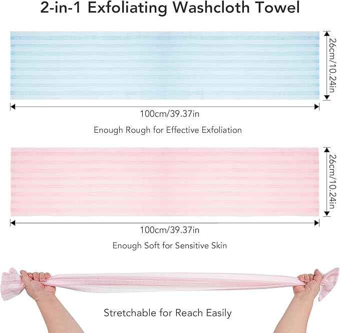 Exfoliating Washcloth Shower Towel - 2 Pack Back and Body Scrubbers for Smooth Skin | Quick-Drying, Durable, and Gentle for Sensitive Skin (Pink+Blue)