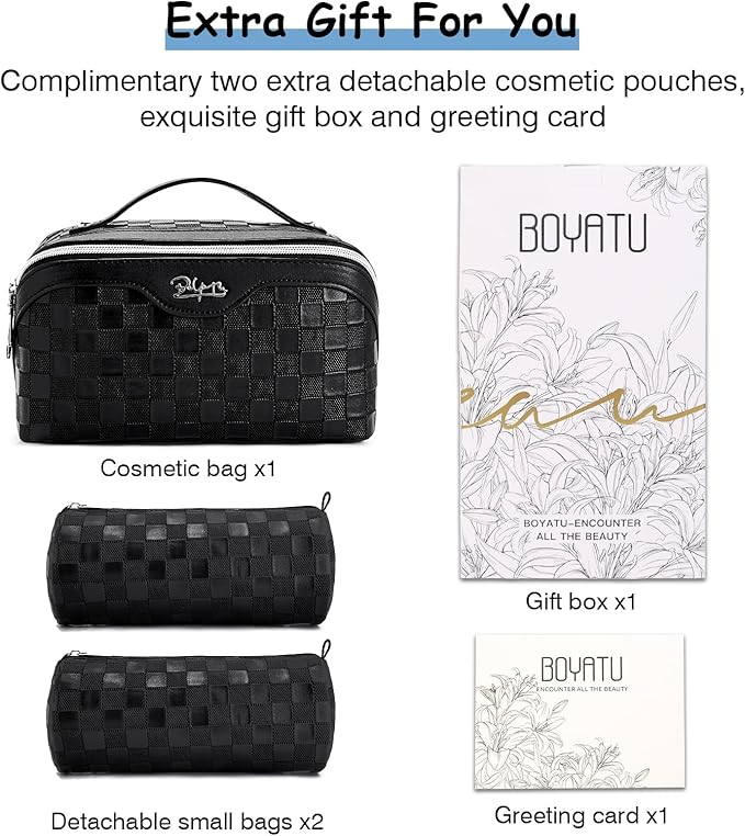 BOYATU Travel Makeup Bags for Women: Vegan Leather Cosmetic Bag Set of 3 - Large Capacity Make up Bag with Divider - Wide Open Waterproof Toiletry Organizer Bag with Handle (L13-Black)