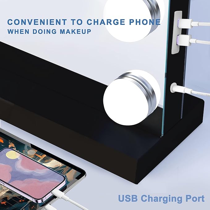 Black Hollywood Vanity Mirror with Lights, 15 Dimmable Bulbs, 3 Color Lights,Make Up Lighted Mirror, Aluminum Metal Frame, USB Charging Port（23" x 18"）