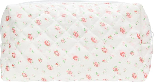 PAZIMIIK Vintage Quilted Makeup Bag Cosmetic Pouch for Brushes Pencils and Travel Make Up Accessories for Women and Girls Gauze Rose