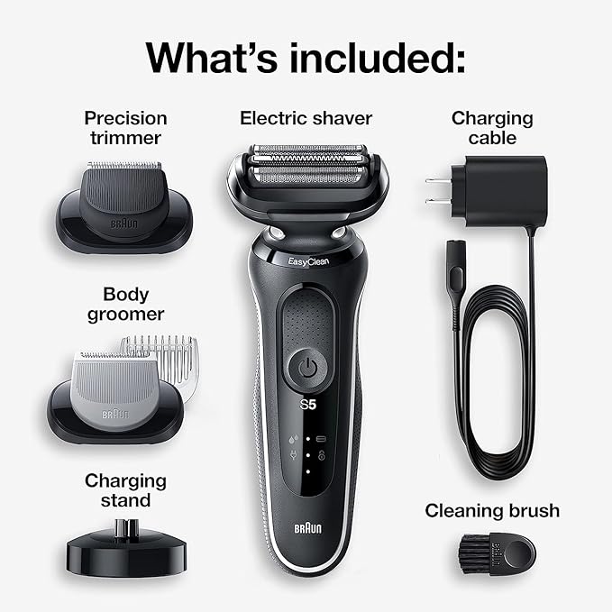 Braun Electric Razor for Men, Waterproof Foil Shaver, Series 5 5050cs, Wet & Dry Shave, with Beard Trimmer and Body Groomer, Rechargeable, Charging Stand Included, Blue