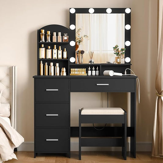 Quimoo Makeup Vanity with 10 Light Bulbs and Charging Station, Vanity Desk with Lighted Mirror & 4 Drawers, Vanity Table Set with Cushioned Stool, Black