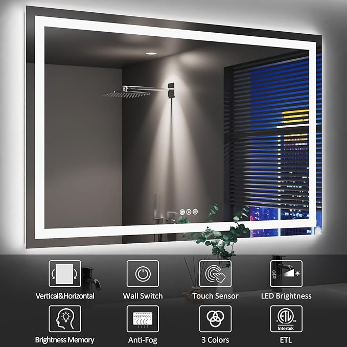 Amorho 50" X36" LED Bathroom Mirror, Front and Backlight, Stepless Dimmable Wall Mirrors with Anti-Fog, Shatter-Proof, Memory, 3 Colors, Double LED Vanity Mirror(Horizontal/Vertical)