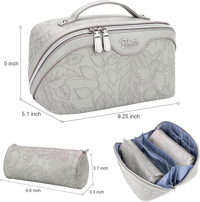 BOYATU Travel Makeup Bags Cosmetic Organizer Bag: 3-Set Large Capacity Make up Bag - PU Leather Toiletry Bags for Women - Wide Open Portable Pouch with Divider & Handle (03-Light Gray)