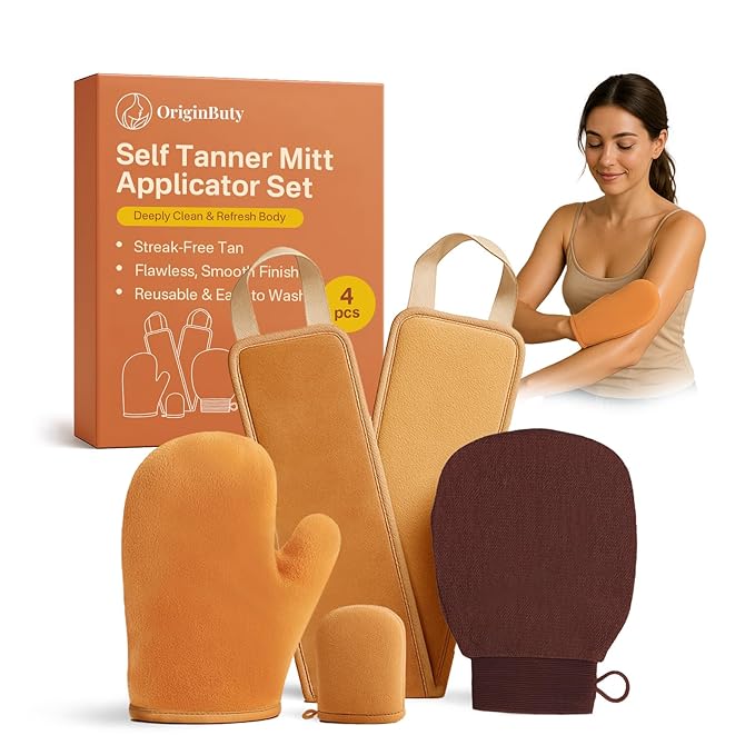 4 in 1 Self Tanning Mitts Self Tanner Mitt Applicator Kit,Self Tanning Mitt Applicator Kit With Self Tanning Glove,Back Tanning Applicator, Mini Tan Mit, Exfoliating Mitt