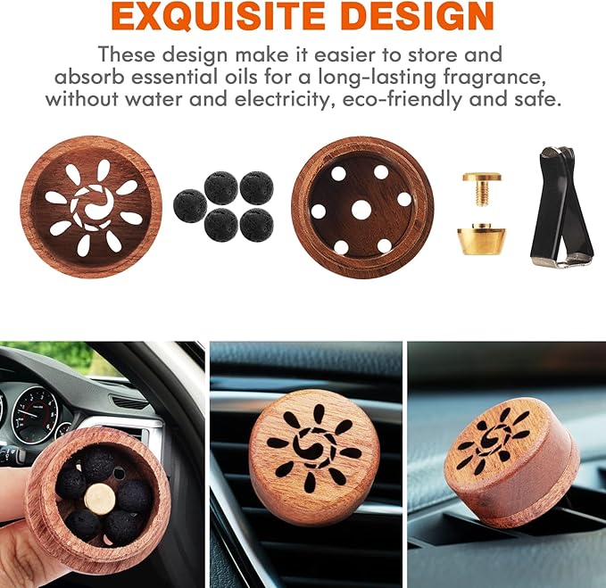 Essential Oil Car Diffuser, 2 PCS Sunshine Car Aromatherapy Sun Wood Diffuser with Vent Clip