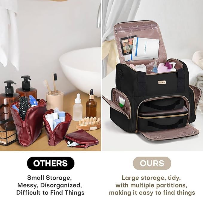 Large Makeup Travel Cosmetic Bag with 2 Removable Case, Double Layer Big Travel Make Up Organizer Case, Toiletry Bag for Women, Train Cases Bags