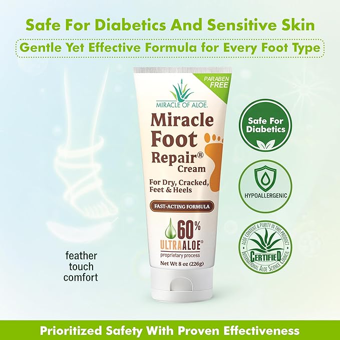 Miracle Foot Repair Cream (8 oz / 4-Pack) Repairs Dry Cracked Heels and Feet, 60% Pure UltraAloe Moisturizes, Softens, and Repairs