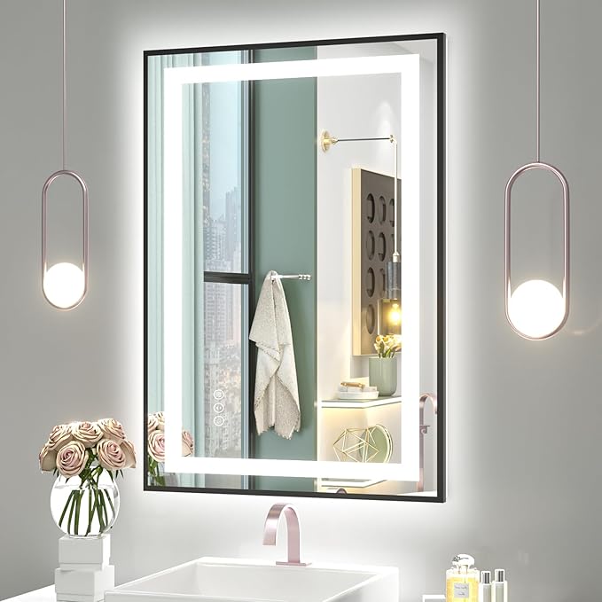OKPAL 26x40 LED Bathroom Mirror, Frontlit & Backlit Lighted Bathroom Mirror, LED Vanity Mirror with Lights, Anti-Fog, Dimmable 3 Colors, Shatterproof, Horizontal/Vertical
