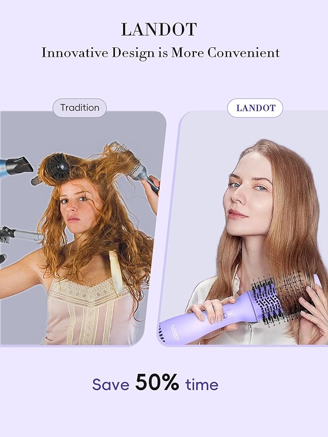LANDOT Hot Hair Blow Dryer Brush: One-Step HairDryer Styler and Volumizer - Heated Air Brush Straightener with Negative Ion Ceramic Titanium Oval Barrel for Fast Styling & Smooth Frizz-Free Blowout