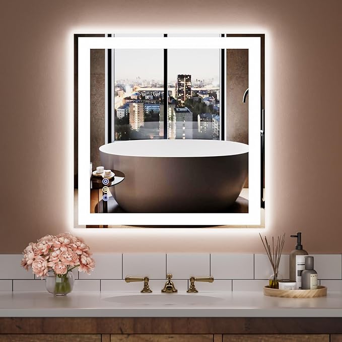 36"x 36" LED Bathroom Mirror, 3 Colors Vanity Mirror with Lights, Front and Backlit Bathroom Mirror with Lights, LED Smart Mirror for Wall, Tempered Glass, Anti-Fog, Stepless Dimmable, Memory(UL ETL)
